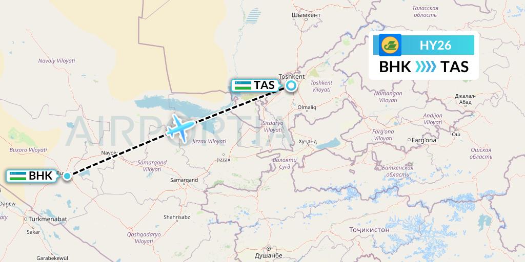 HY26 Uzbekistan Airways Flight Map: Bukhara to Tashkent