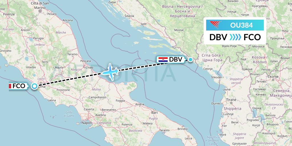 OU384 Croatia Airlines Flight Map: Dubrovnik to Rome