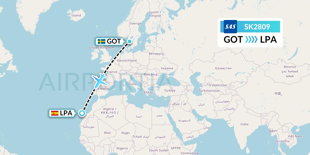 SK2809 SAS Flight Map: Gothenburg to Las Palmas