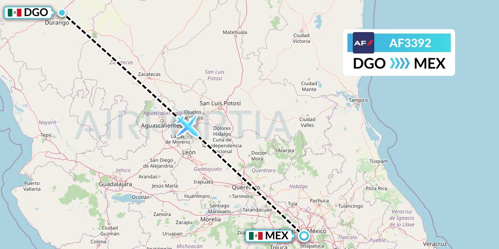 AF3392 Air France Flight Map: Durango to Mexico City
