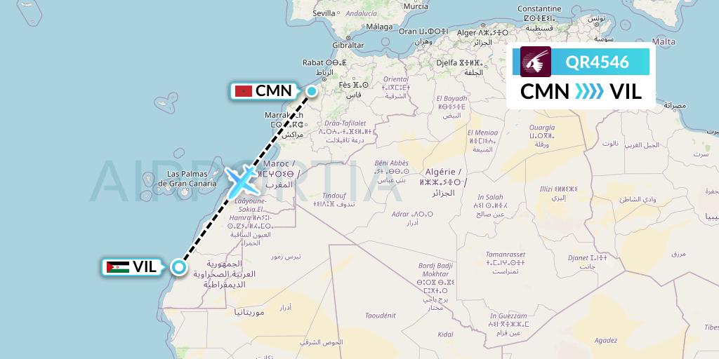 QR4546 Qatar Airways Flight Map: Casablanca to Dakhla