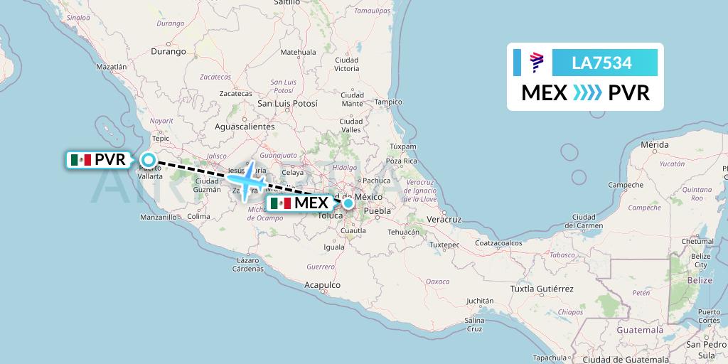 LA7534 LAN Airlines Flight Map: Mexico City to Puerto Vallarta