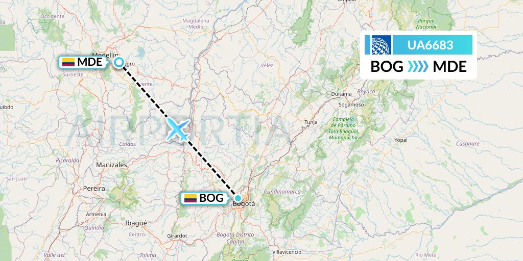 UA6683 United Airlines Flight Map: Bogota to Medellin
