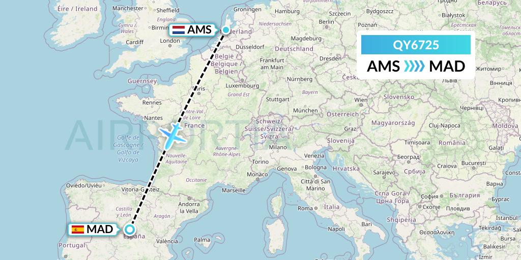 QY6725 European Air Transport Flight Map: Amsterdam to Madrid