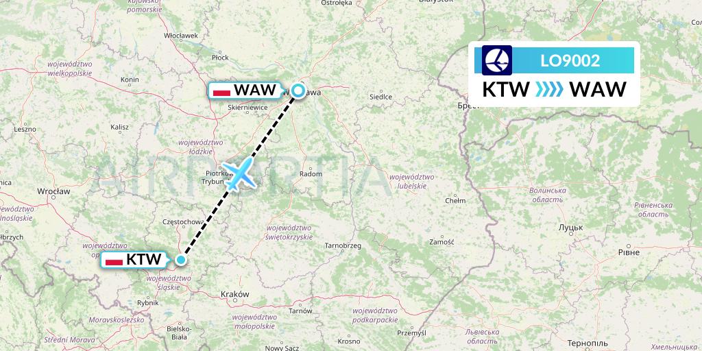 LO9002 LOT Flight Map: Katowice to Warsaw