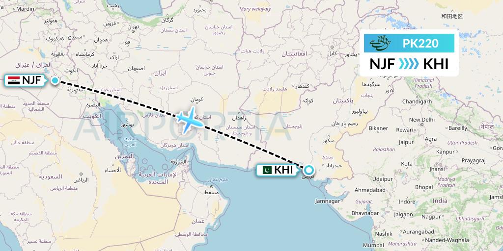 PK220 Pakistan International Airlines Flight Map: Najaf to Karachi