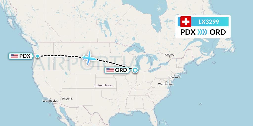 LX3299 Swiss Flight Map: Portland to Chicago