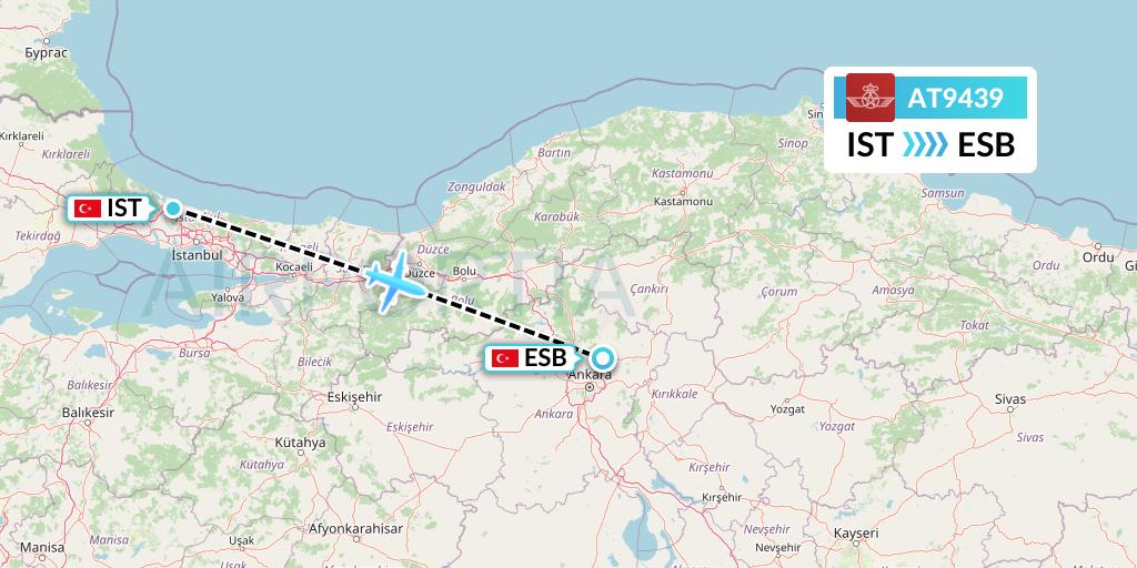 AT9439 Royal Air Maroc Flight Map: Istanbul to Ankara