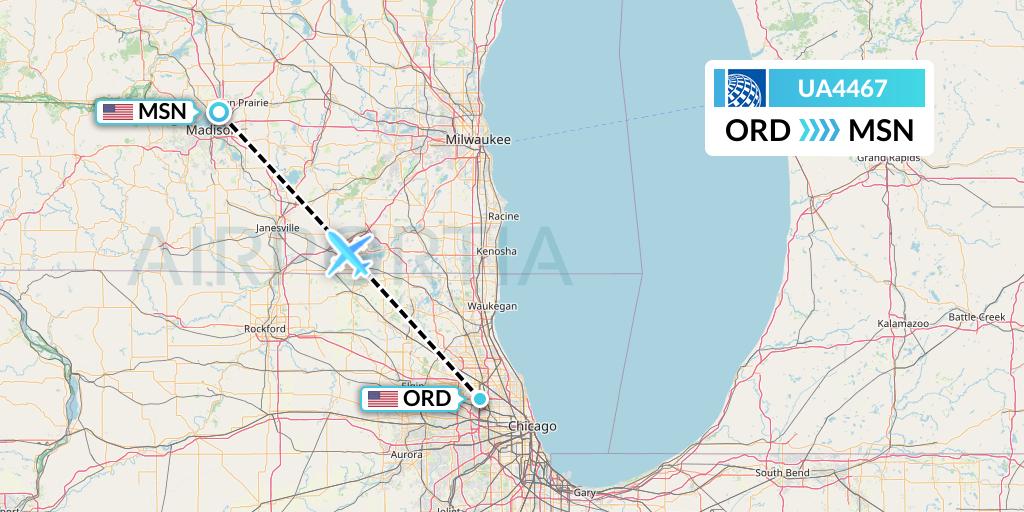 UA4467 United Airlines Flight Map: Chicago to Madison