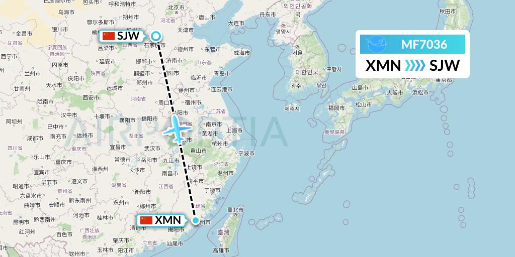 MF7036 Xiamen Airlines Flight Map: Xiamen to Shijiazhuang