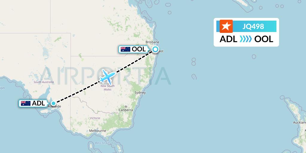 JQ498 Jetstar Airways Flight Map: Adelaide to Gold Coast