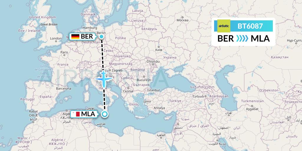 BT6087 Air Baltic Flight Map: Berlin to Malta