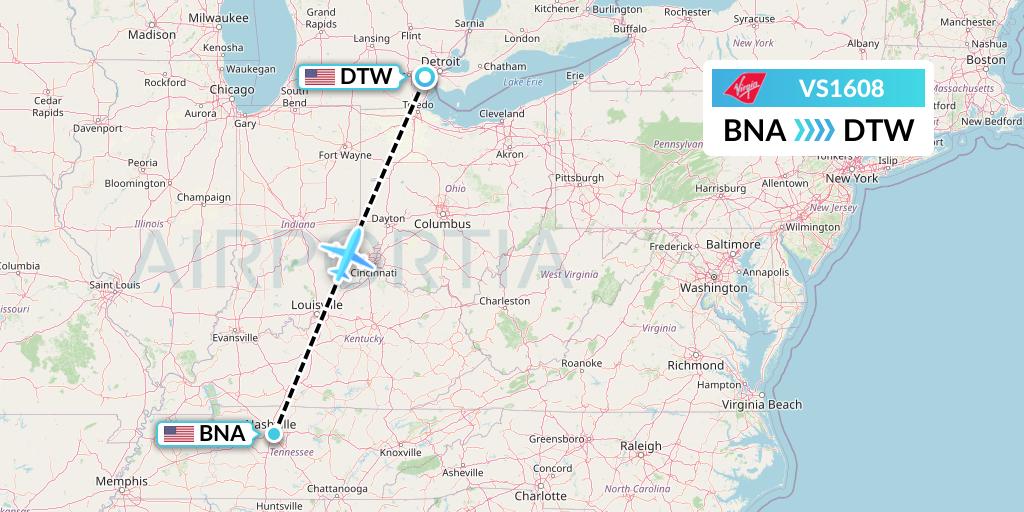 VS1608 Virgin Atlantic Airways Flight Map: Nashville to Detroit