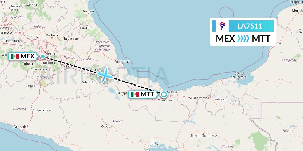 LA7511 LAN Airlines Flight Map: Mexico City to Minatitlan