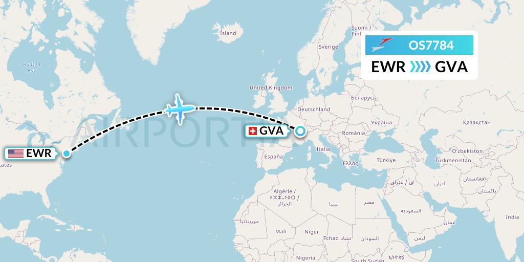 OS7784 Austrian Airlines Flight Map: New York to Geneva