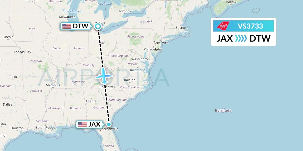 VS3733 Virgin Atlantic Airways Flight Map: Jacksonville to Detroit
