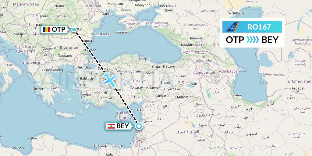 RO167 Tarom Flight Map: Bucharest to Beirut