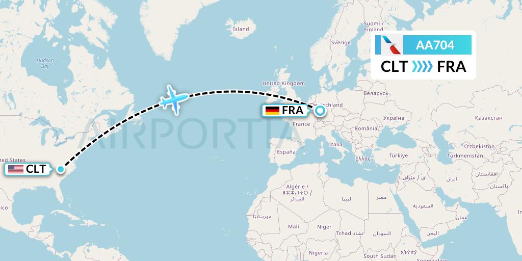 AA704 American Airlines Flight Map: Charlotte to Frankfurt