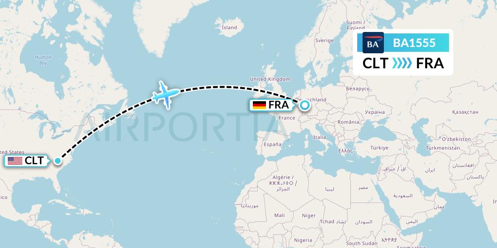 BA1555 British Airways Flight Map: Charlotte to Frankfurt