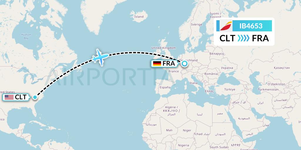 IB4653 Iberia Flight Map: Charlotte to Frankfurt