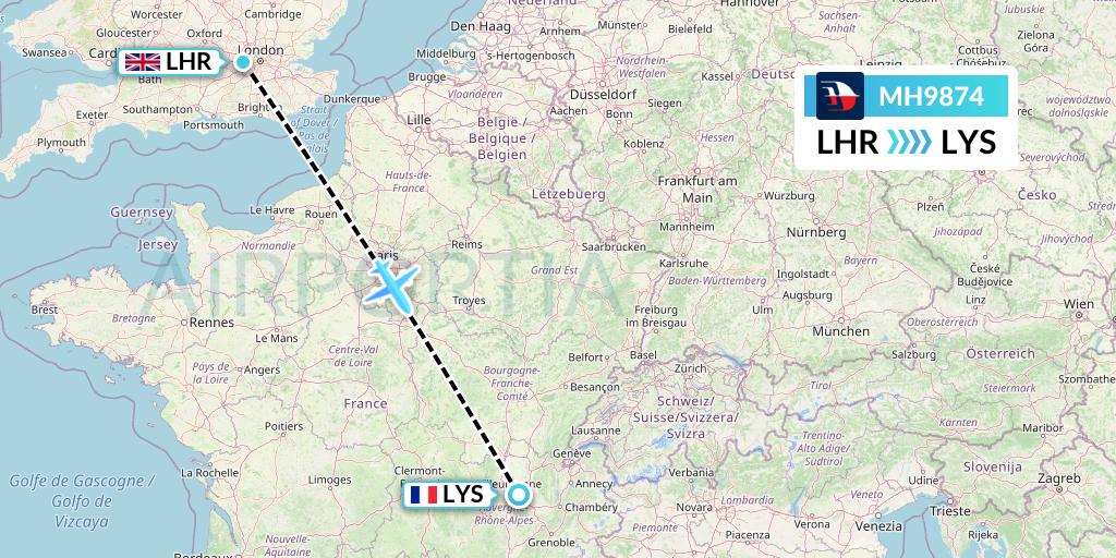 MH9874 Malaysia Airlines Flight Map: London to Lyon