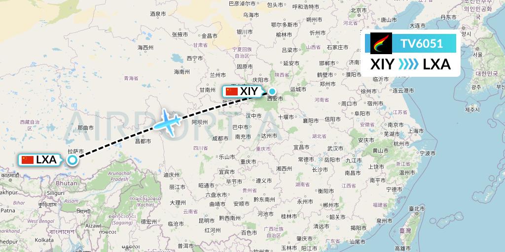 TV6051 Tibet Airlines Flight Map: Xi'an to Lhasa