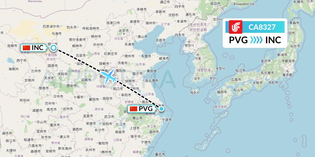 CA8327 Air China Flight Map: Shanghai to Yinchuan