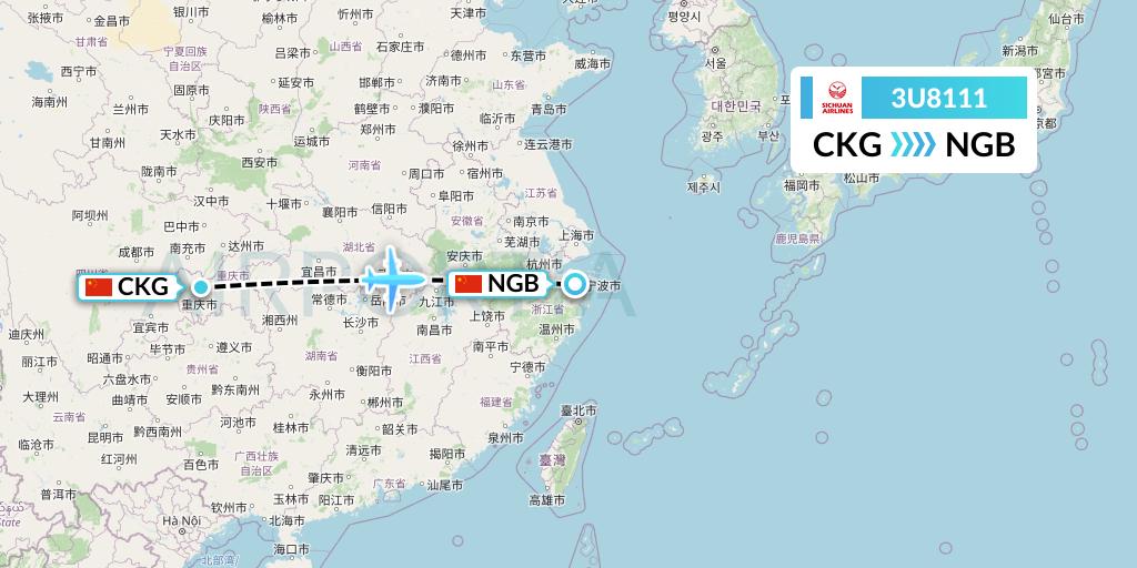 3U8111 Sichuan Airlines Flight Map: Chongqing to Ningbo
