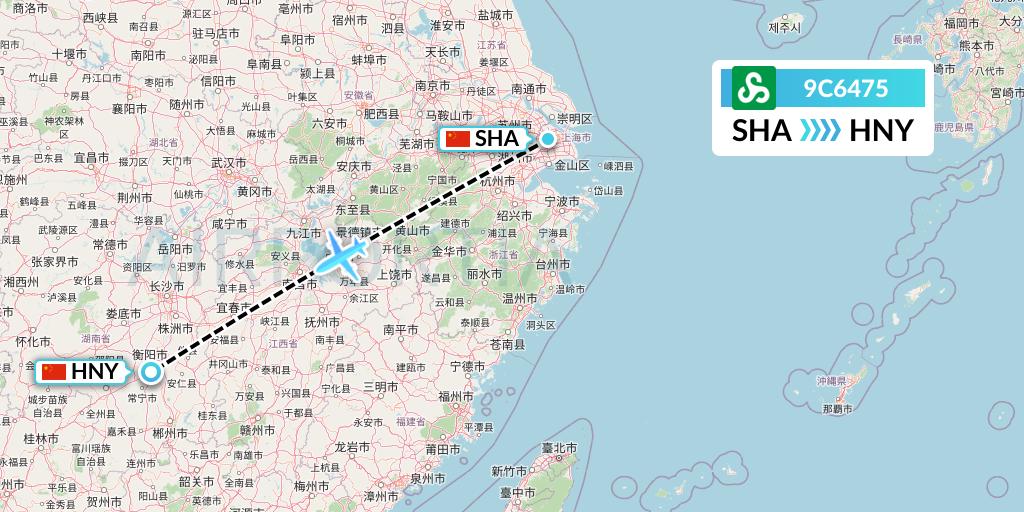 9C6475 Spring Airlines Flight Map: Shanghai to Hengyang