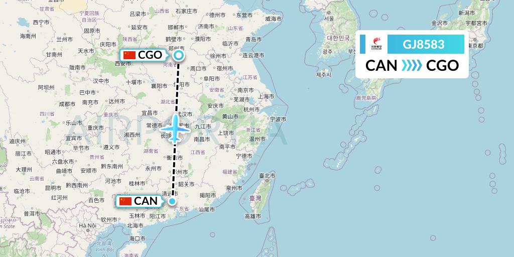 GJ8583 Loong Airlines Flight Map: Guangzhou to Zhengzhou