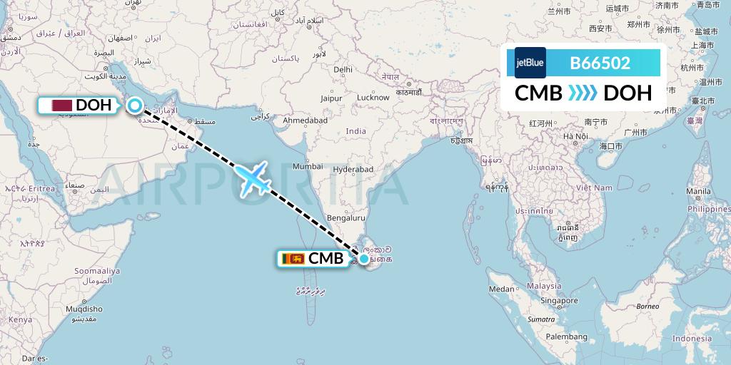 B66502 JetBlue Airways Flight Map: Colombo to Doha