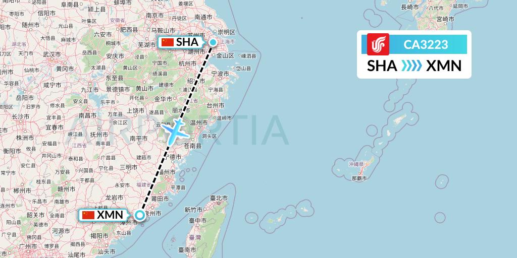 CA3223 Air China Flight Map: Shanghai to Xiamen