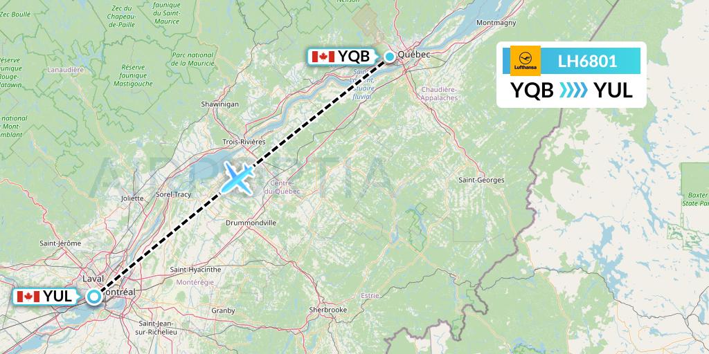 LH6801 Lufthansa Flight Map: Quebec to Montreal