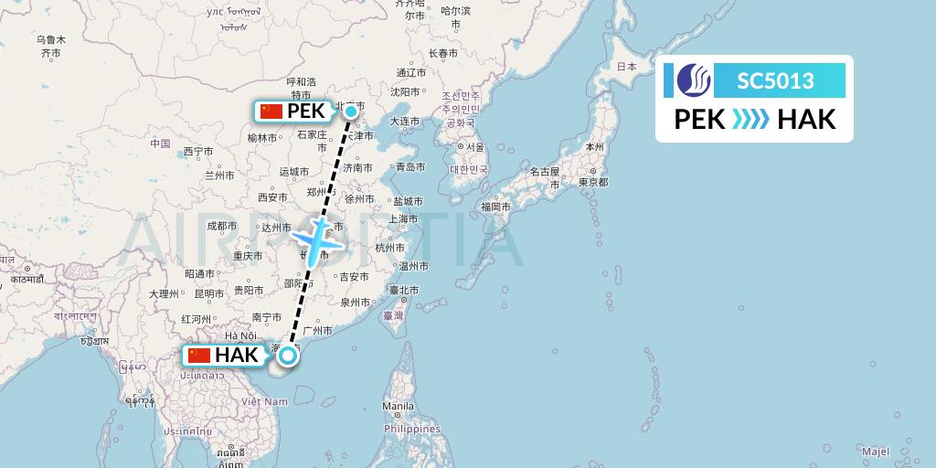 SC5013 Shandong Airlines Flight Map: Beijing to Haikou