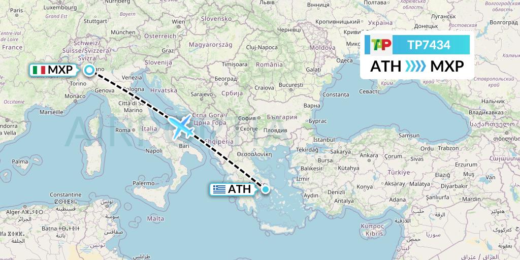 TP7434 TAP Portugal Flight Map: Athens to Milan