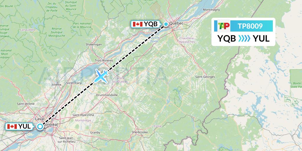 TP8009 TAP Portugal Flight Map: Quebec to Montreal