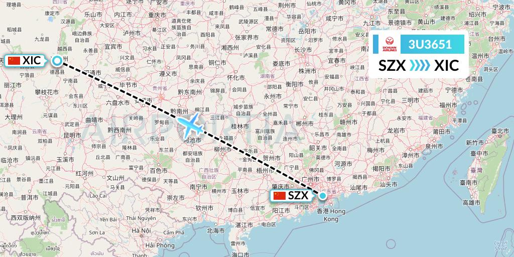 3U3651 Sichuan Airlines Flight Map: Shenzhen to Xichang