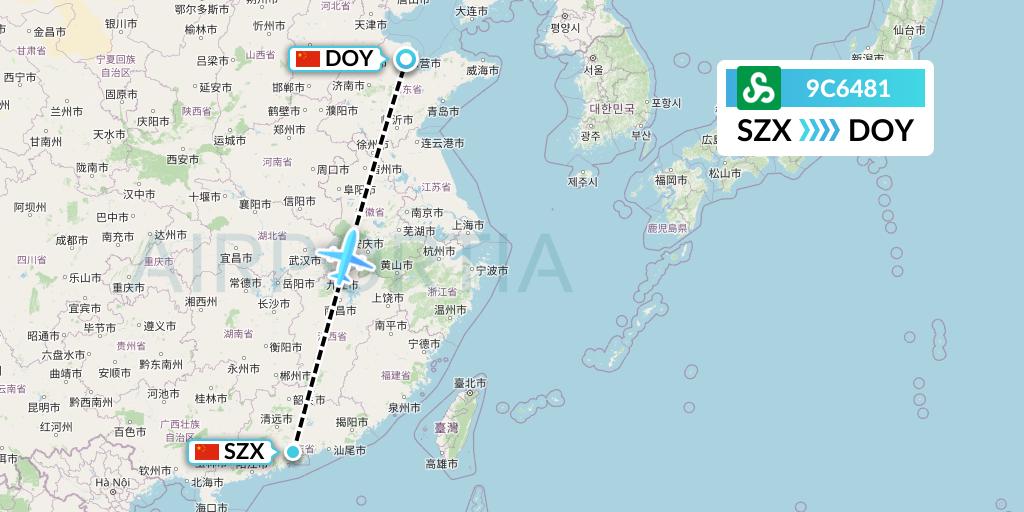 9C6481 Spring Airlines Flight Map: Shenzhen to Dongying