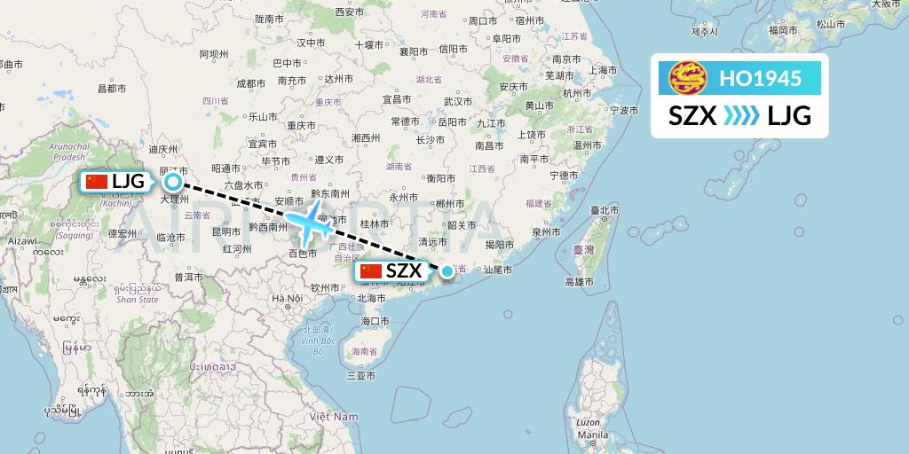HO1945 Juneyao Airlines Flight Map: Shenzhen to Lijiang