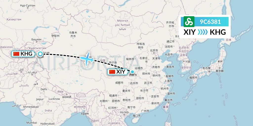 9C6381 Spring Airlines Flight Map: Xi'an to Kashgar
