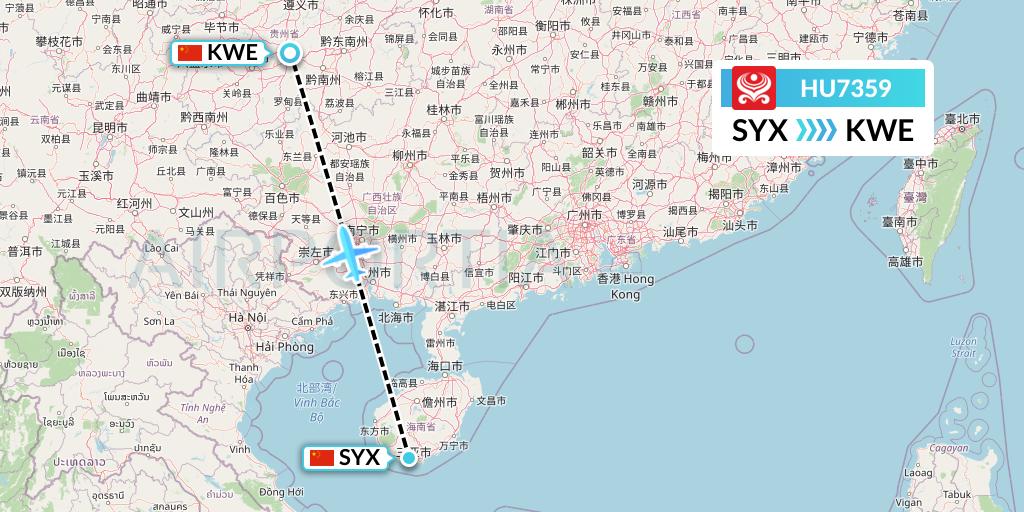 HU7359 Hainan Airlines Flight Map: Sanya to Guiyang