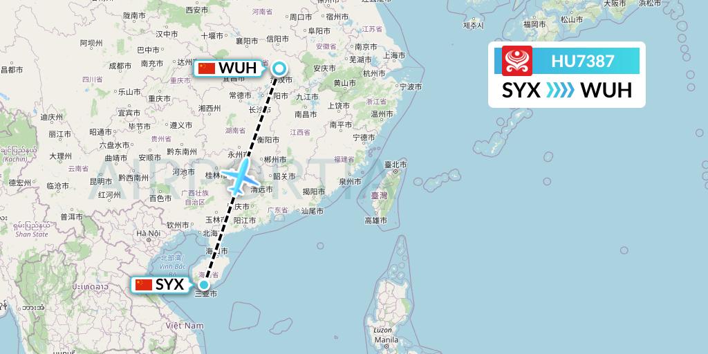 HU7387 Hainan Airlines Flight Map: Sanya to Wuhan