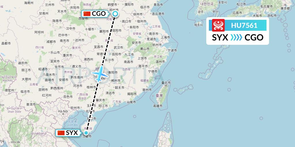 HU7561 Hainan Airlines Flight Map: Sanya to Zhengzhou