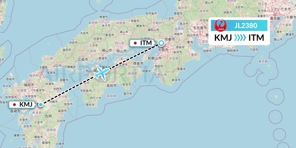 JL2380 Japan Airlines Flight Map: Kumamoto to Osaka
