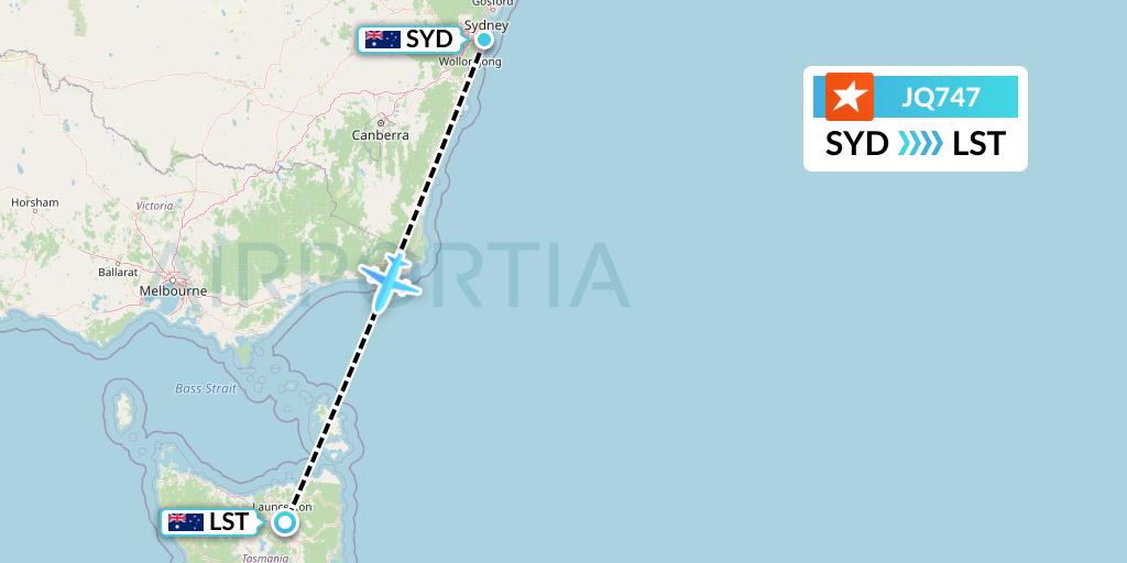JQ747 Jetstar Airways Flight Map: Sydney to Launceston