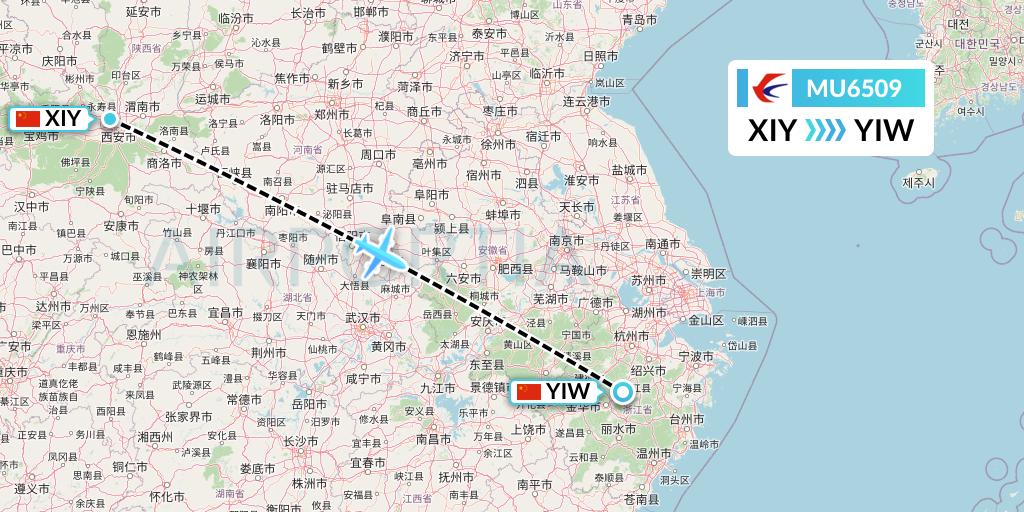 MU6509 China Eastern Airlines Flight Map: Xi'an to Yiwu