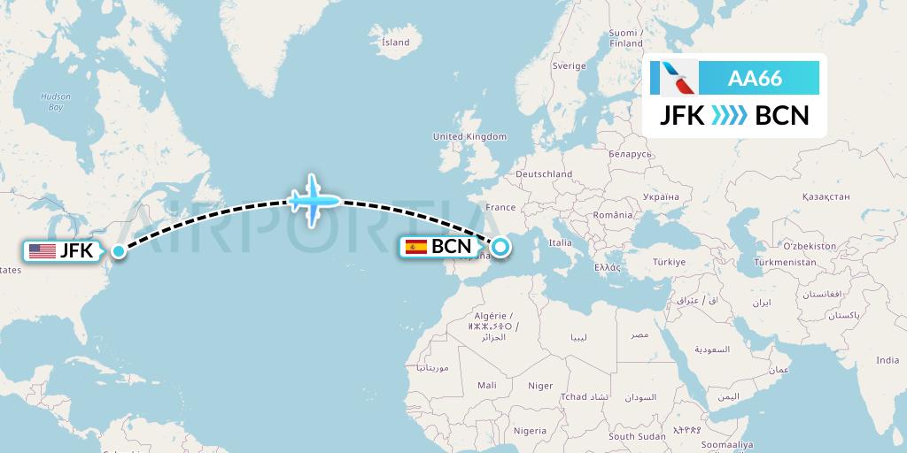 AA66 American Airlines Flight Map: New York to Barcelona