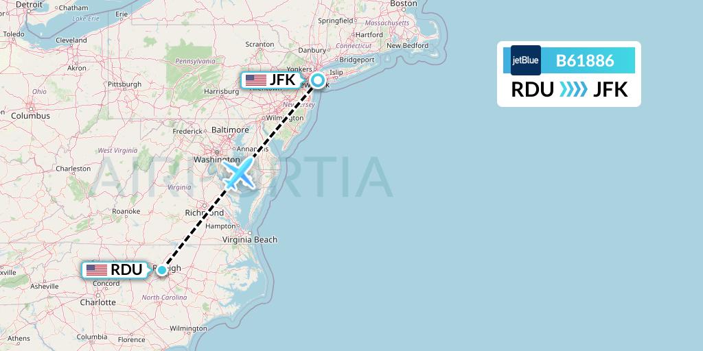 B61886 JetBlue Airways Flight Map: Raleigh-Durham to New York