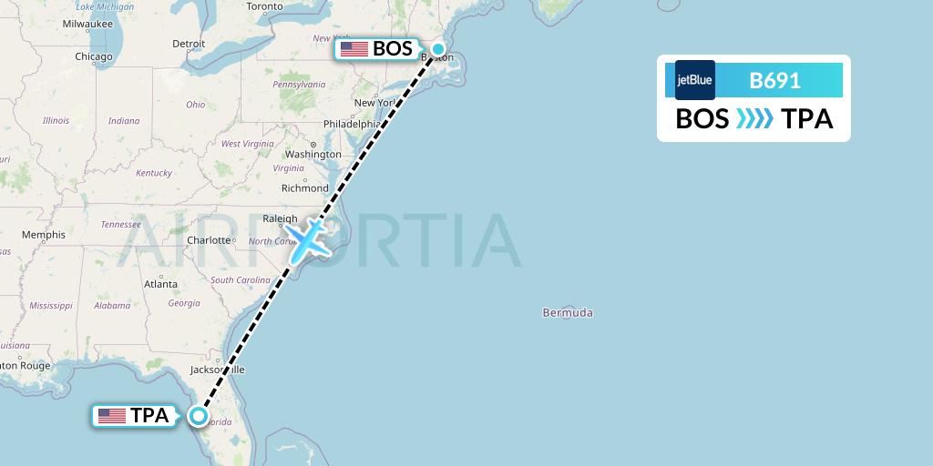 B691 JetBlue Airways Flight Map: Boston to Tampa
