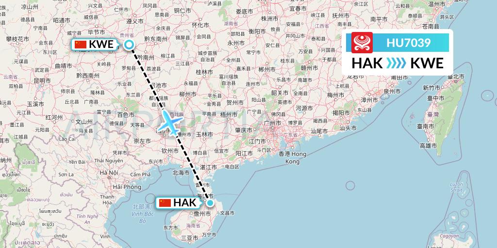 HU7039 Hainan Airlines Flight Map: Haikou to Guiyang